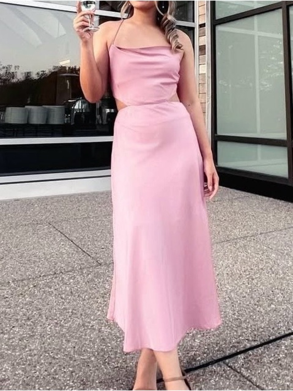 Fashion Nova Pink Satin Cowl Neck Lace Up Midi Dress